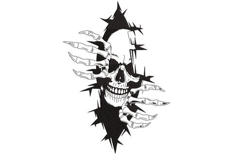 Black embroidery of a grinning skull with skeleton hands ripping through a jagged tear, surrounded by sharp spike fragments, single colour design.