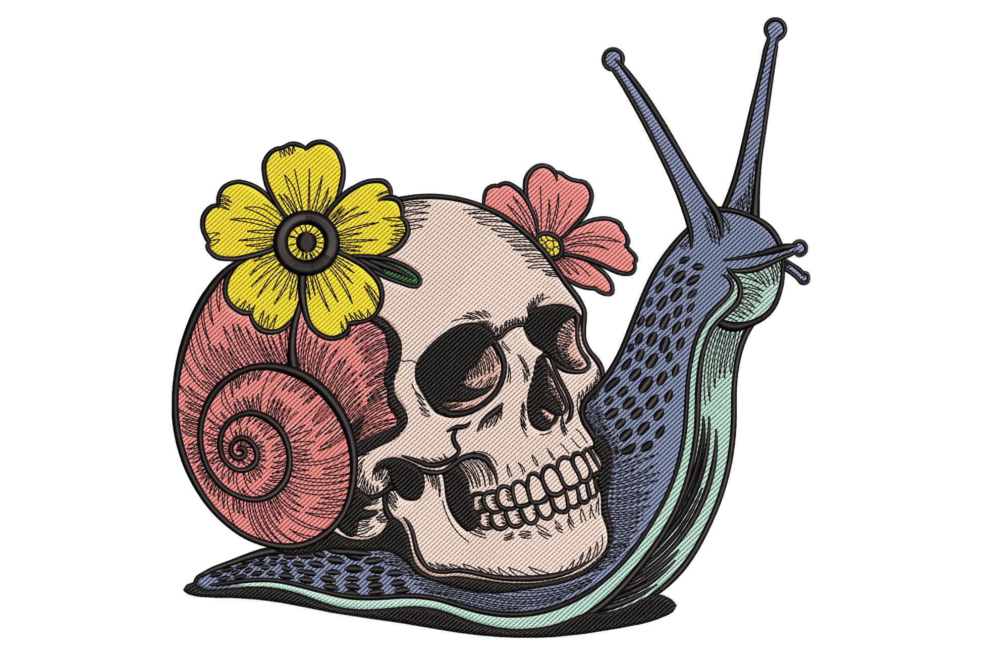 Skull snail embroidery, ivory skull tucked into pink coiled shell with yellow daisy and slate blue body
