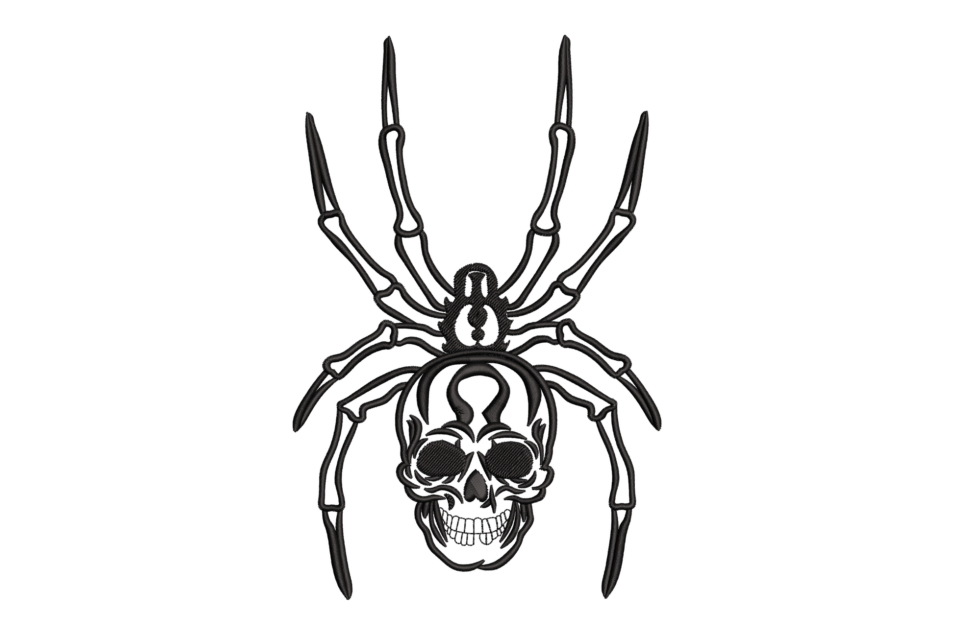 Skull spider halloween embroidery design with human skull body and eight articulated legs, tattoo style black thread, 5 sizes from 2.3 to 4.9 inches wide