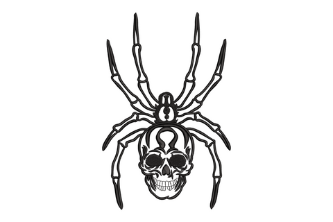 Skull spider halloween embroidery design with human skull body and eight articulated legs, tattoo style black thread, 5 sizes from 2.3 to 4.9 inches wide