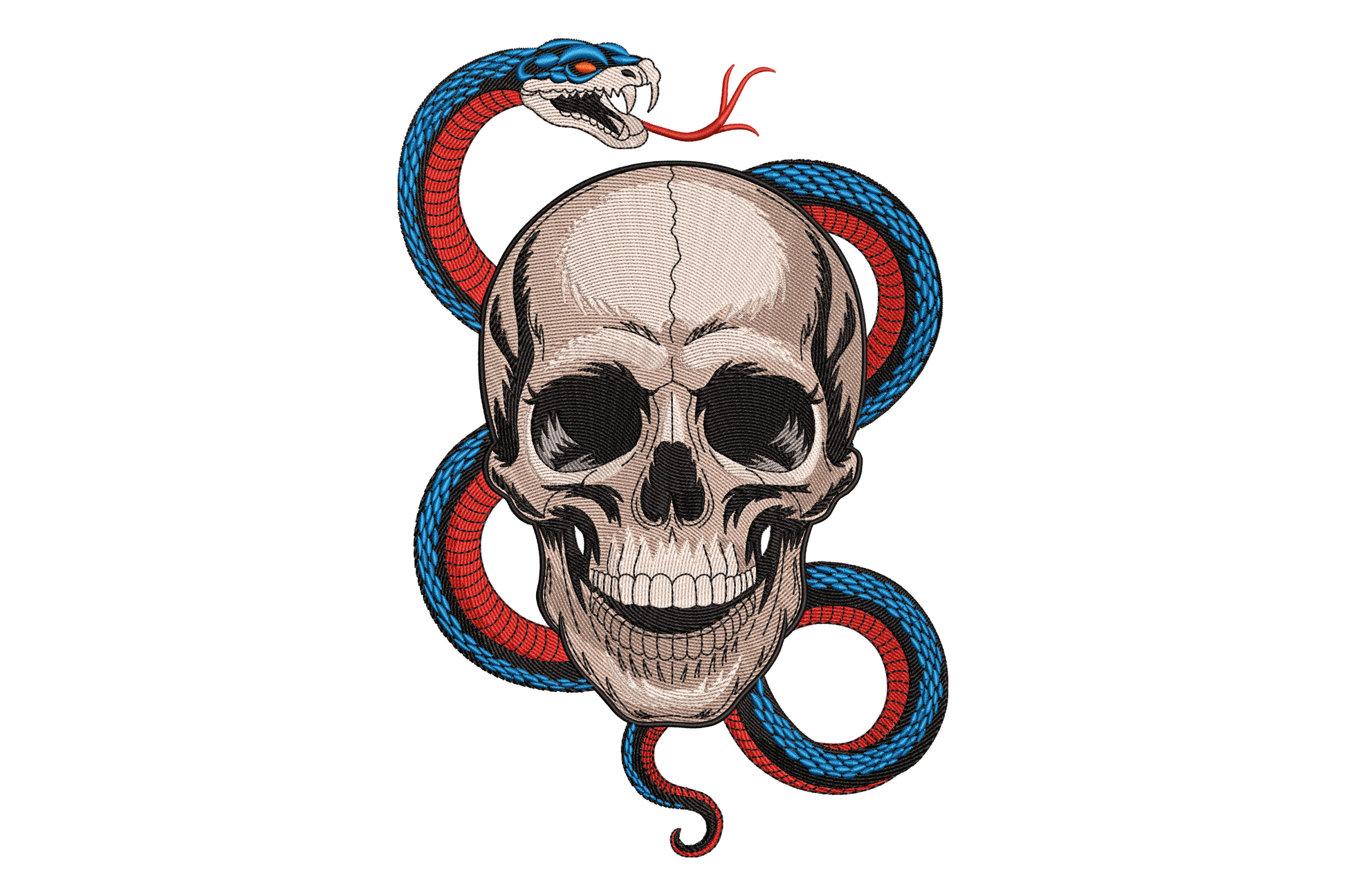 Front facing human skull with red and blue coiled snake winding through eye sockets with fangs out and forked tongue, old school tattoo flash style halloween embroidery
