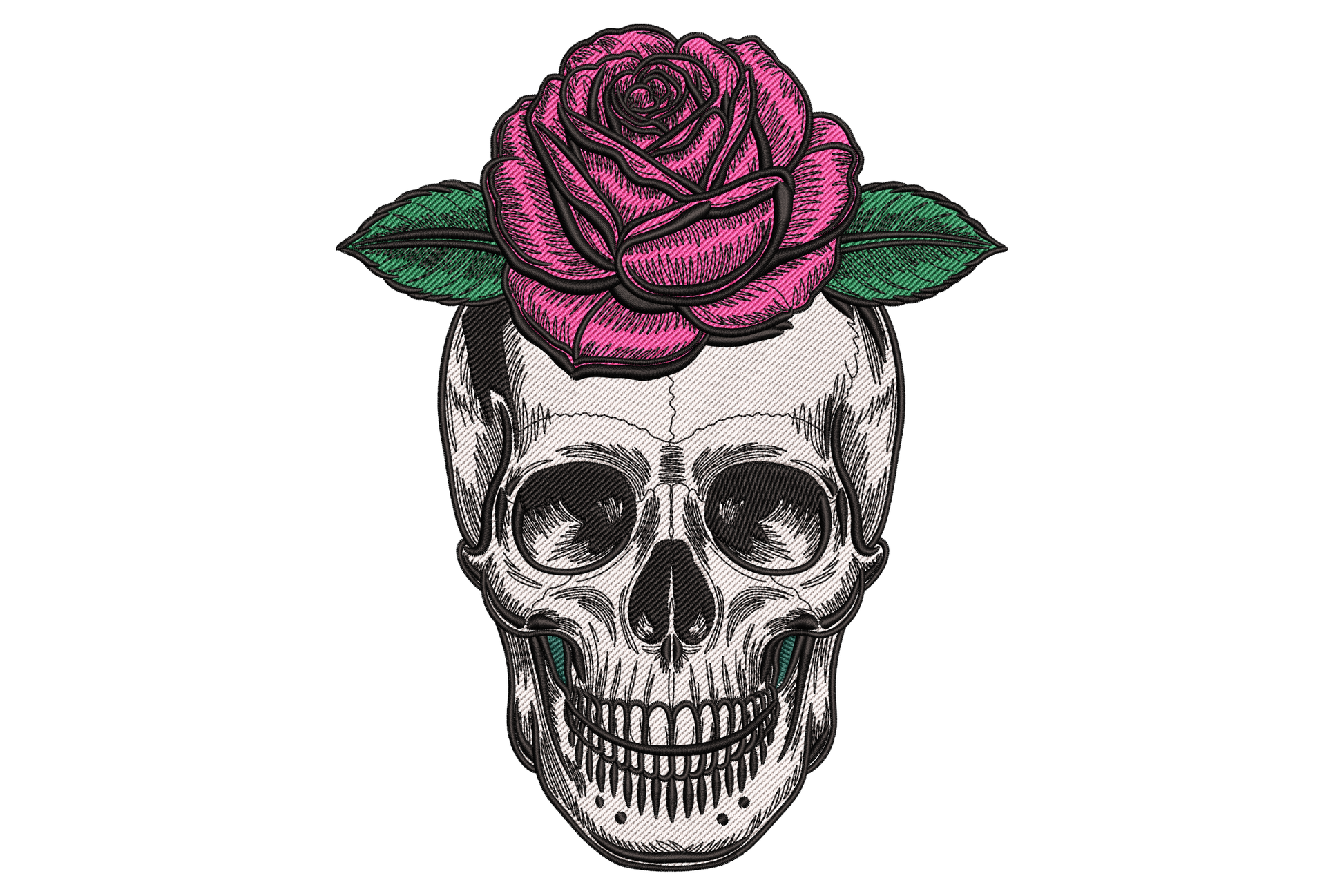 Skull pink rose embroidery, front facing bone white skull crowned with hot pink rose and dark forest green leaves