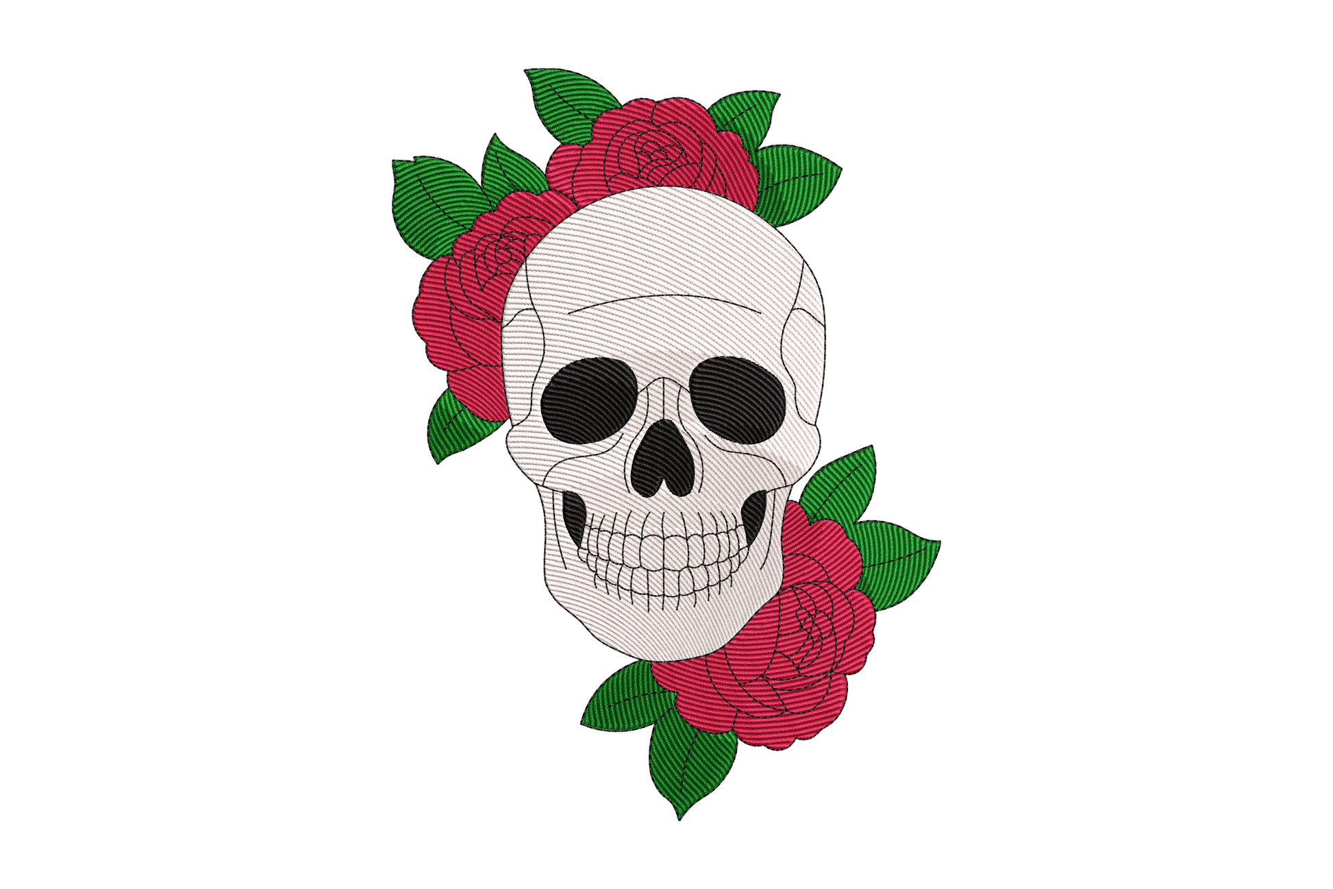 Skull design with red roses and green leaves on a white background