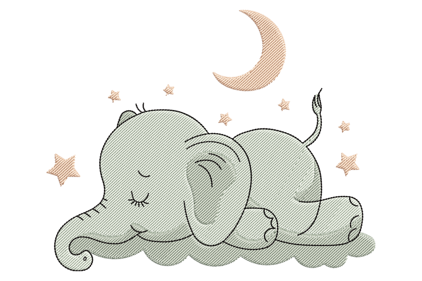 Sleeping baby elephant on a cloud with crescent moon and stars, embroidery in sage grey, cream and warm gold tones.