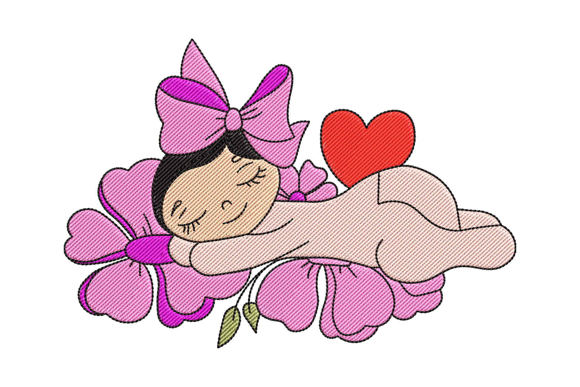 Sleeping newborn baby girl embroidery design with a large pink bow, resting on open pink flowers with a red heart beside her.