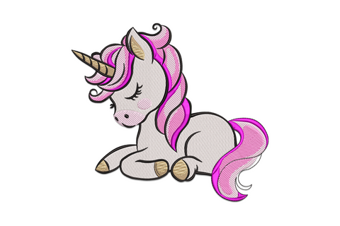 Sleeping baby unicorn embroidery design with soft cream body, flowing hot pink mane, gold horn and closed lash eyes.