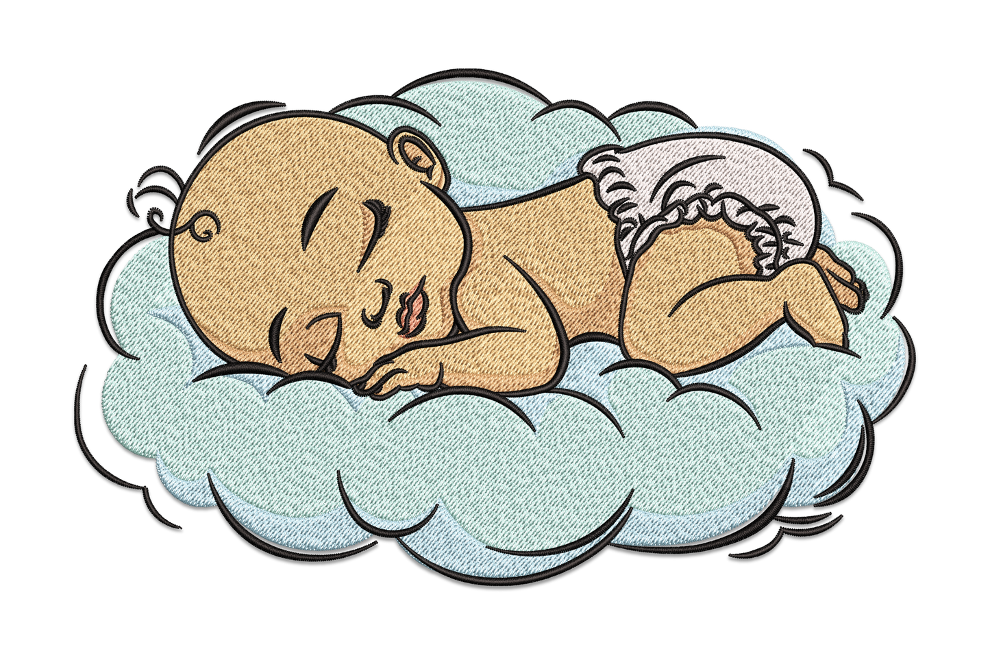 Sleeping baby curled on a fluffy cloud embroidery design, soft pastel nursery style with rounded cartoon baby