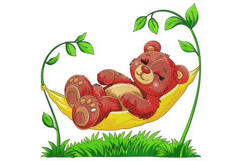 Sleeping reddish-brown bear in yellow hammock embroidery with green leafy branches and grass tufts on white