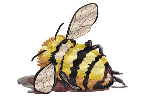Sleeping bumblebee applique embroidery, fuzzy striped body, translucent veined wings, 7 thread colors, machine embroidery instant download