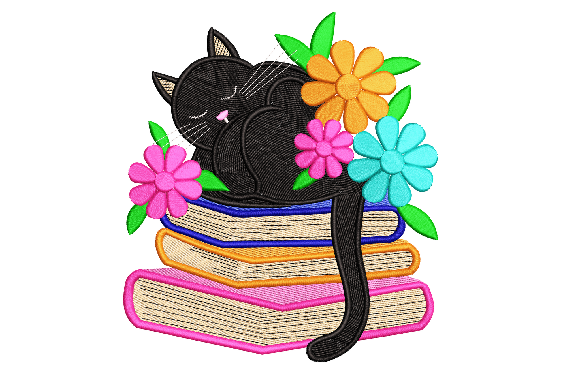 Sleeping black cat on stacked colourful books embroidery design with orange, teal, pink daisies and green leaves, 12 colours.