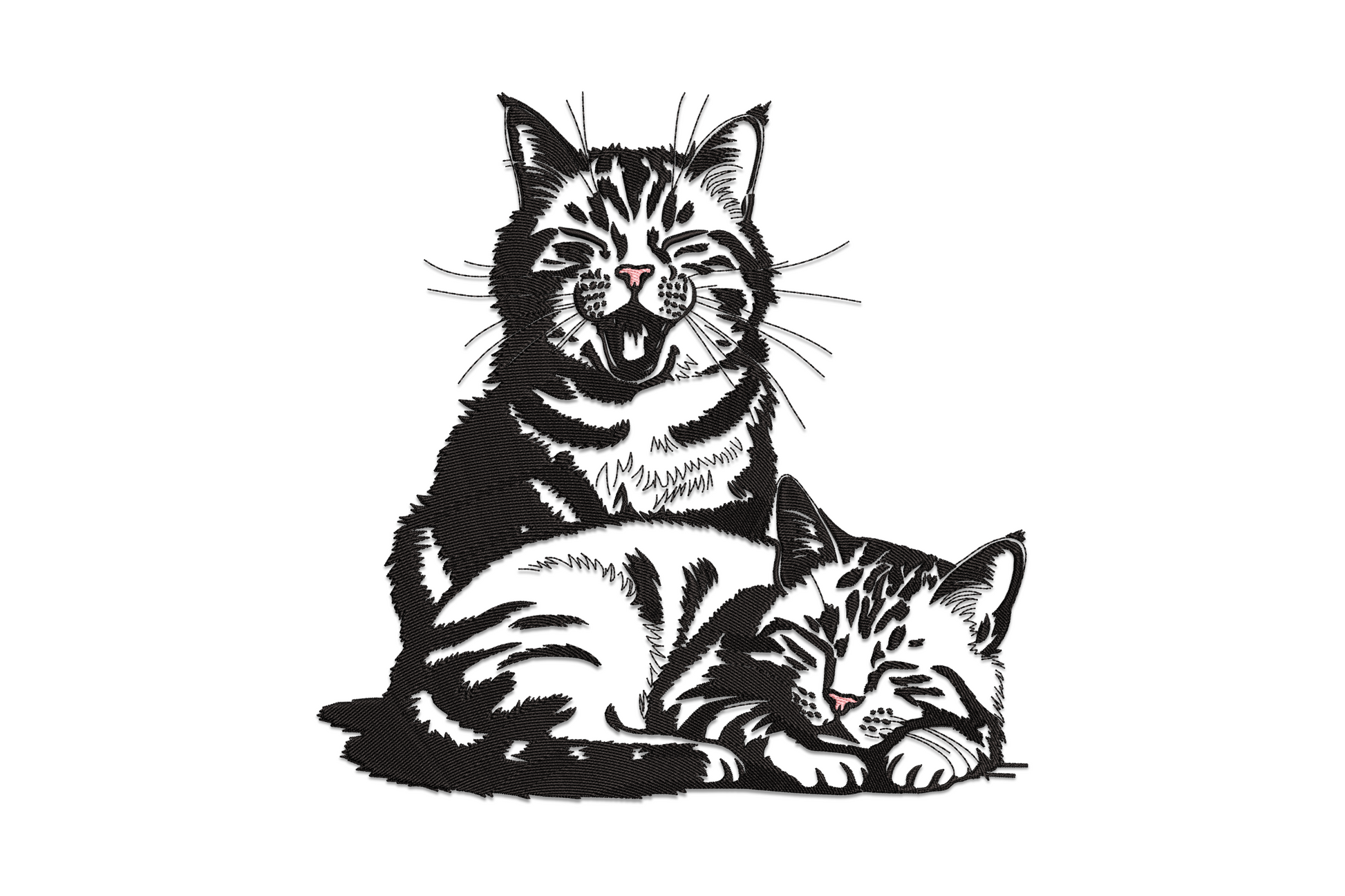 Sleeping cat pair embroidery design, tabby cats with one yawning wide and one curled asleep, black with pale pink noses.