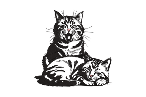 Sleeping cat pair embroidery design, tabby cats with one yawning wide and one curled asleep, black with pale pink noses.