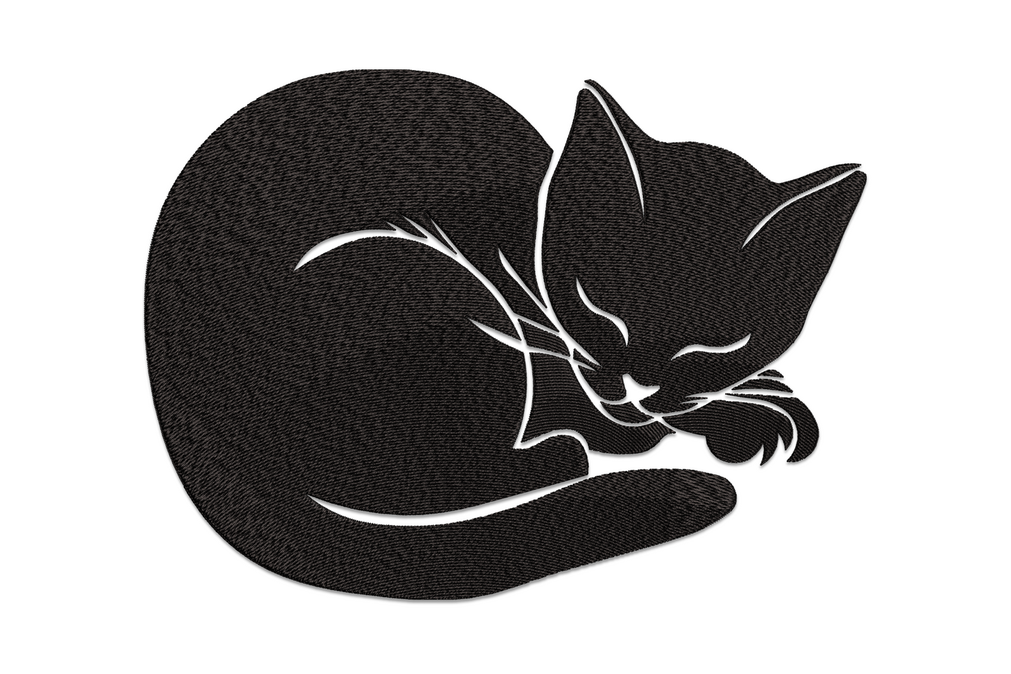 Sleeping cat silhouette embroidery, curled black cat with white whisker detail lines and pointed ears