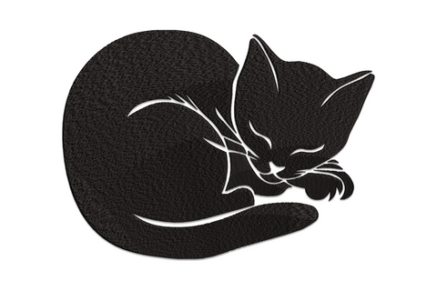 Sleeping cat silhouette embroidery, curled black cat with white whisker detail lines and pointed ears