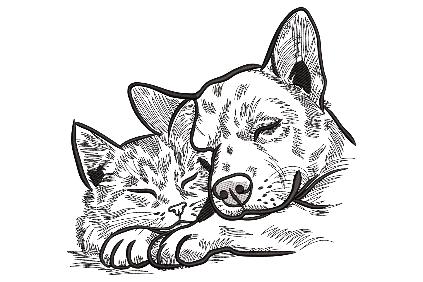 Minimal black line art embroidery design of a sleeping dog with a small kitten curled up under his chin.