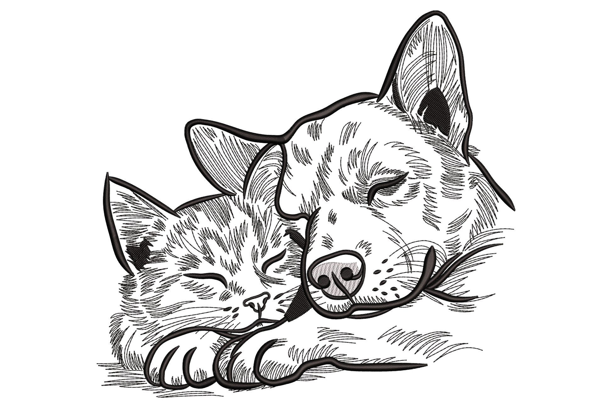 Minimal black line art embroidery design of a sleeping dog with a small kitten curled up under his chin.