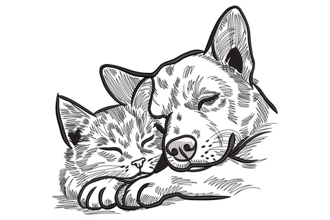 Minimal black line art embroidery design of a sleeping dog with a small kitten curled up under his chin.