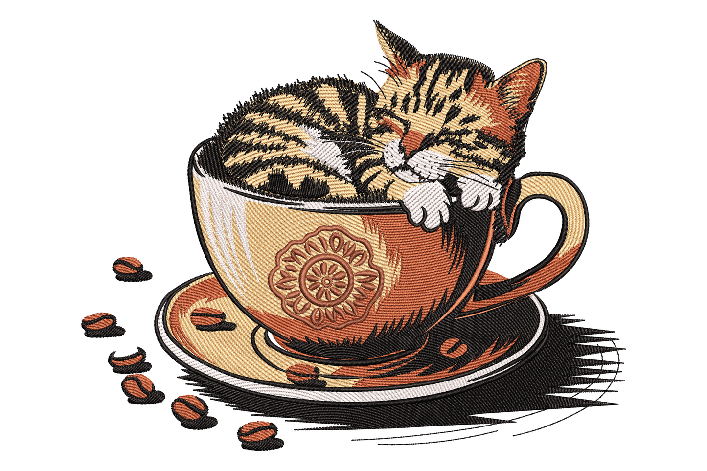 Tabby kitten sleeping inside a coffee cup on a saucer with scattered coffee beans, 5 colors in warm brown tan and black