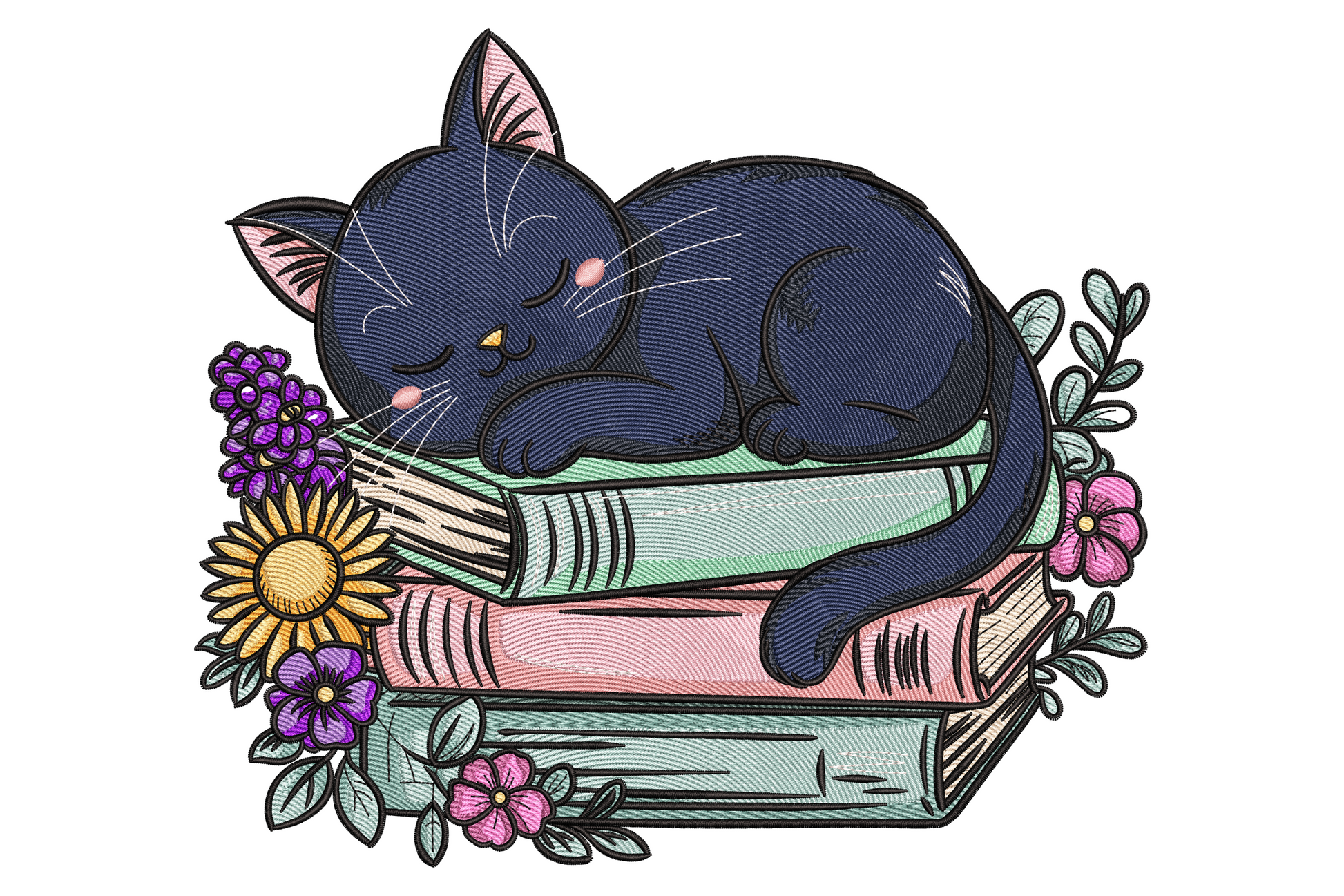 Grey cat curled asleep on a stack of three pastel books with sunflower, purple wildflowers and pink blooms around base.
