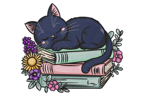 Grey cat curled asleep on a stack of three pastel books with sunflower, purple wildflowers and pink blooms around base.