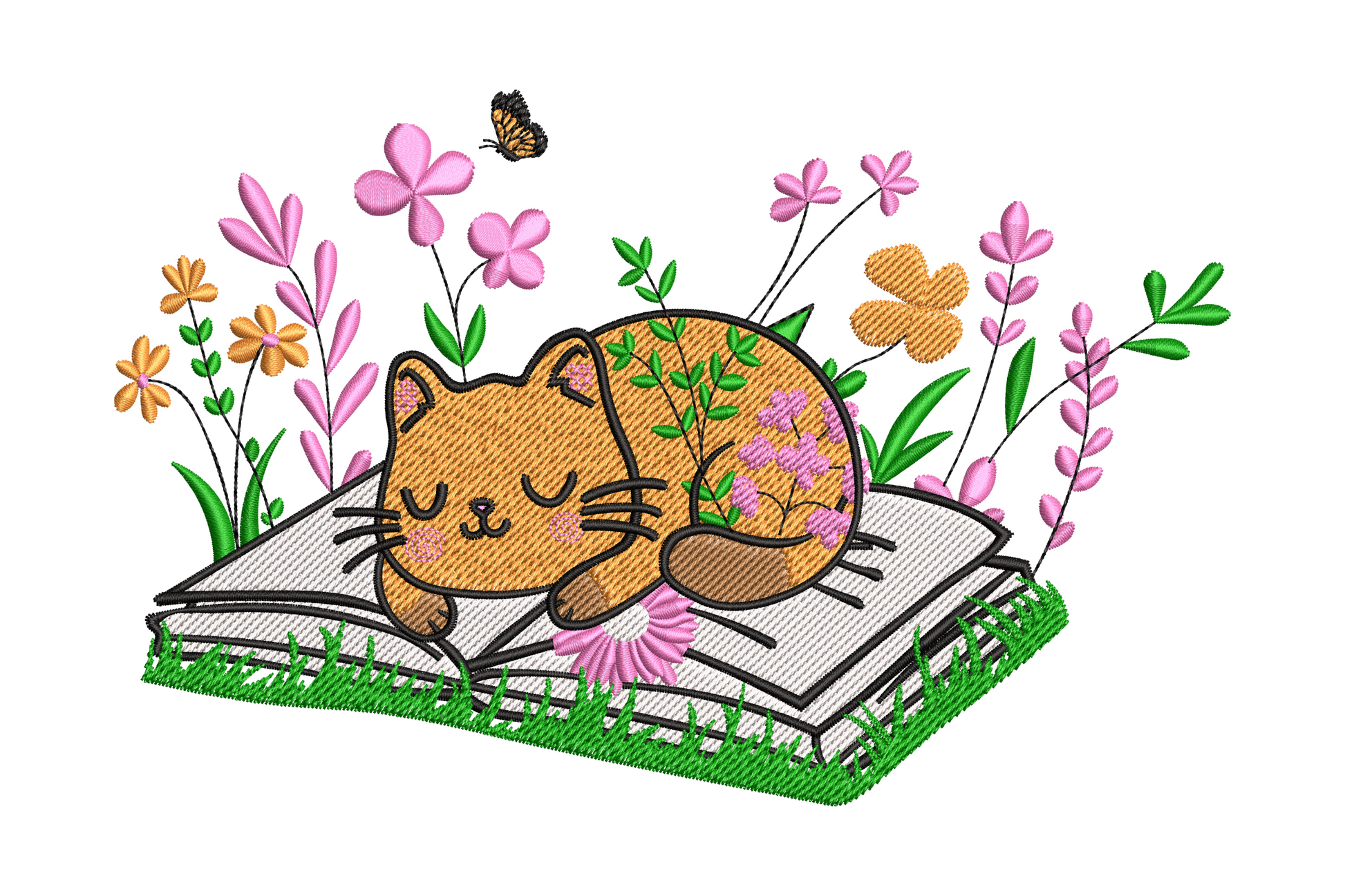 Sleeping cat on open book embroidery design with wildflowers and butterfly, ginger cat curled on cream book pages