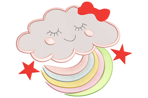 Sleeping cloud nursery embroidery with pastel rainbow arc and red stars, soft satin stitch in eight colours.