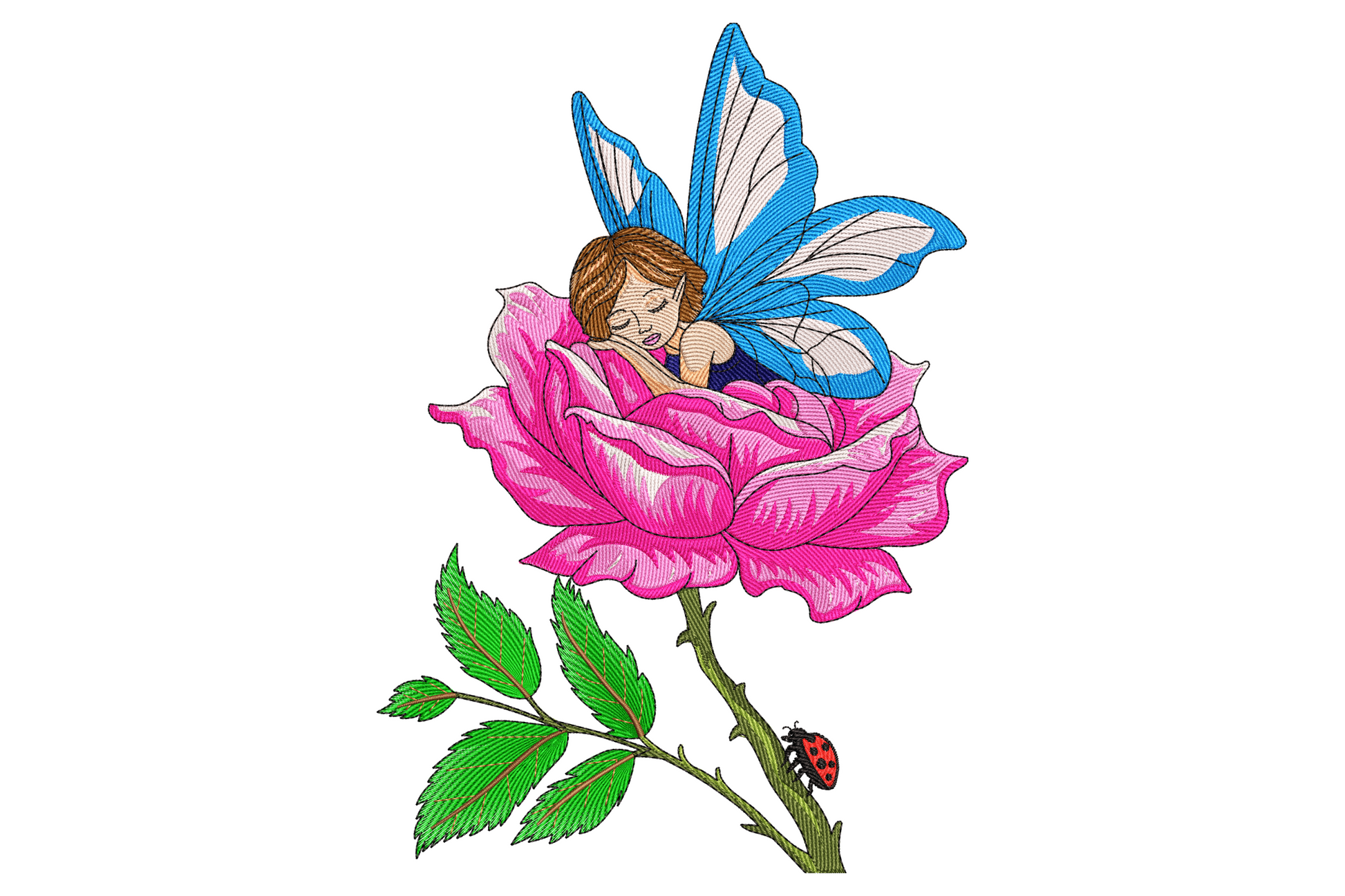 Sleeping fairy rose embroidery design, tiny fairy napping on large pink rose with blue wings spread, red ladybug on stem.