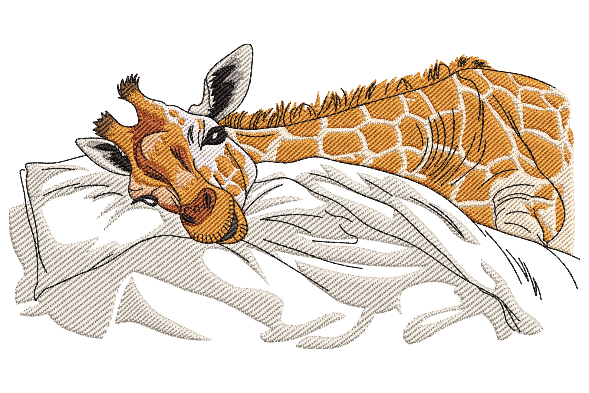 Young giraffe lying down with neck folded back and head resting on body, eyes shut peaceful sleepy nursery embroidery