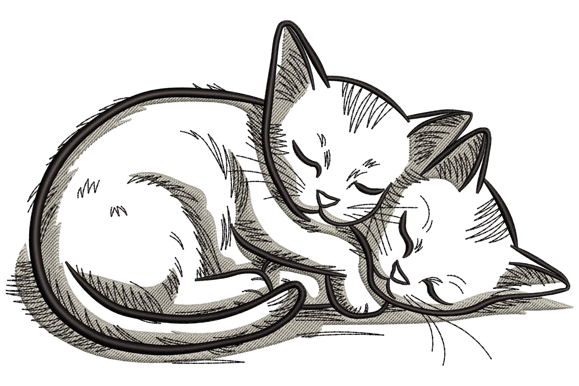 Kitten curled up asleep with tail wrapped around body, drawn in soft grey and black pencil-sketch line art embroidery design.
