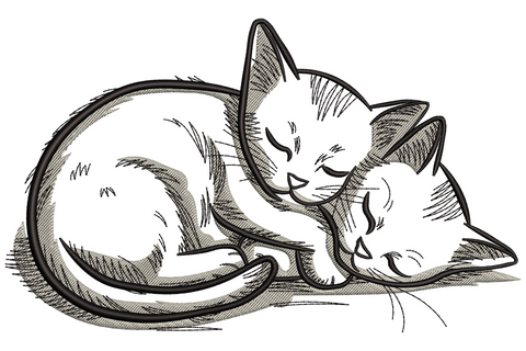 Kitten curled up asleep with tail wrapped around body, drawn in soft grey and black pencil-sketch line art embroidery design.