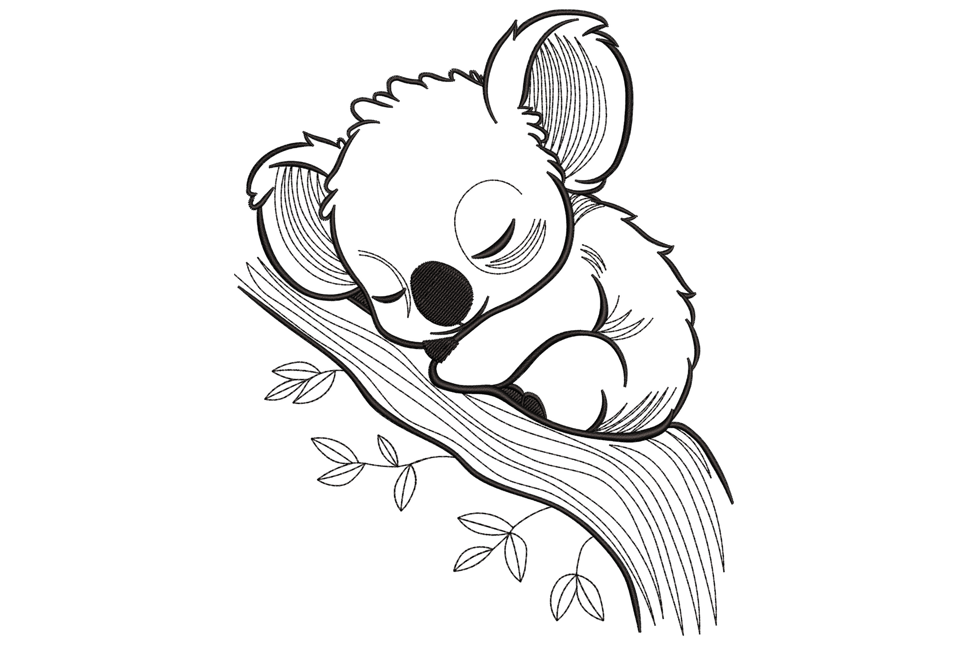 Sleeping koala line art embroidery design with the koala napping on a eucalyptus branch in a single black outline.