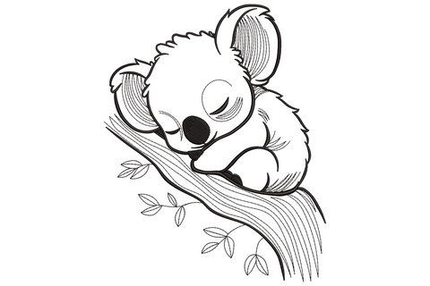 Sleeping koala line art embroidery design with the koala napping on a eucalyptus branch in a single black outline.