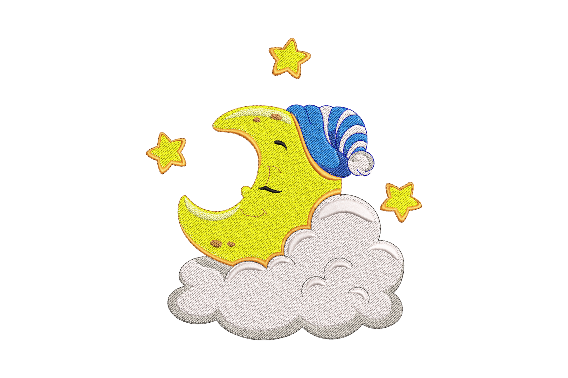 Sleeping moon on cloud embroidery design, yellow crescent moon with eyes closed on white cloud, orange star tips, 3 floating stars, nursery machine embroidery