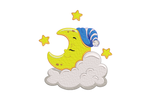 Sleeping moon on cloud embroidery design, yellow crescent moon with eyes closed on white cloud, orange star tips, 3 floating stars, nursery machine embroidery