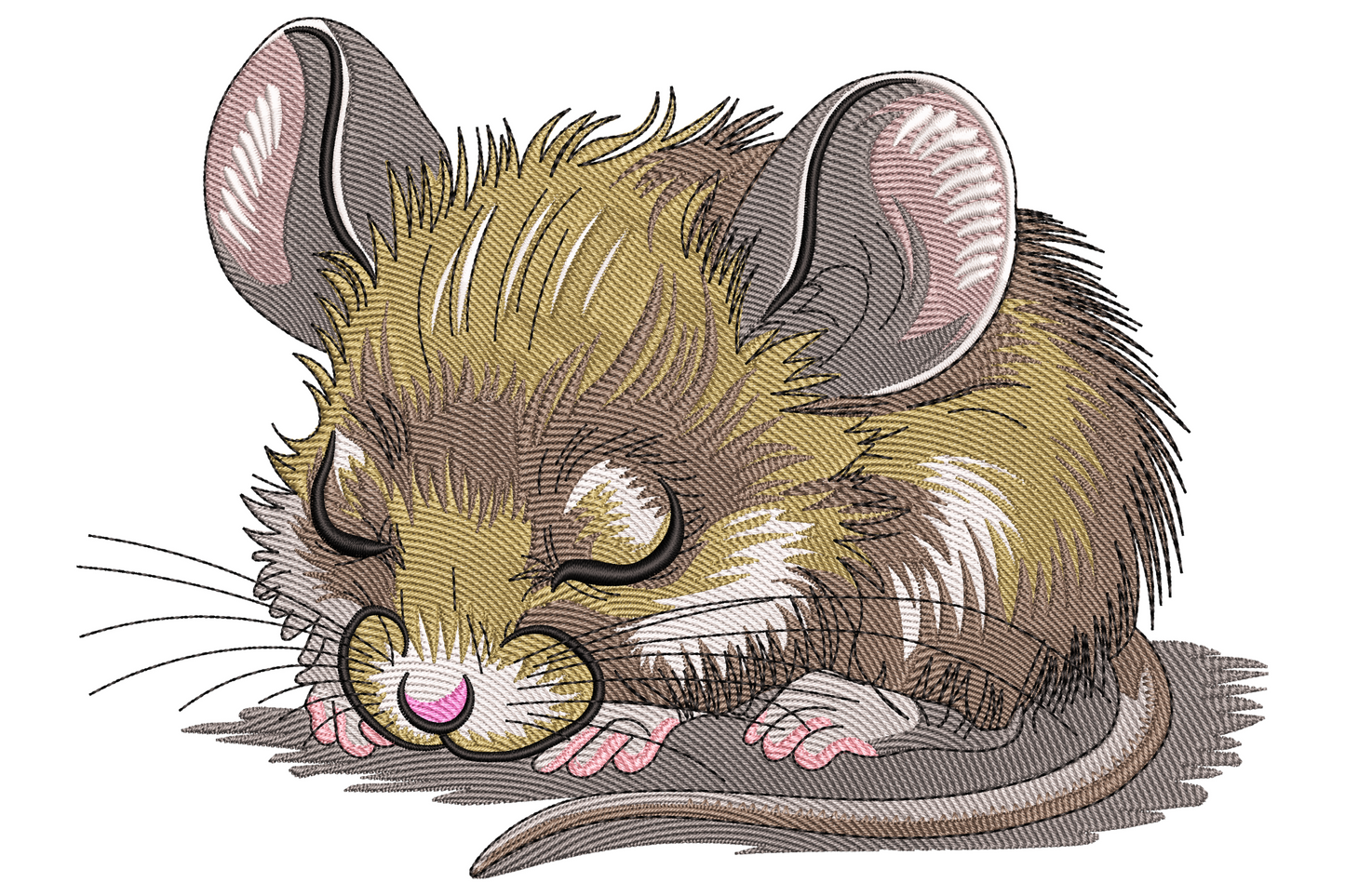 Sleeping mouse embroidery, dozing field mouse curled with pink ears, fluffy ochre fur, eyes closed and long tail trailing.