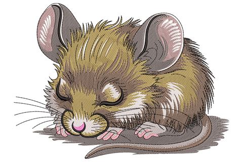 Sleeping mouse embroidery, dozing field mouse curled with pink ears, fluffy ochre fur, eyes closed and long tail trailing.