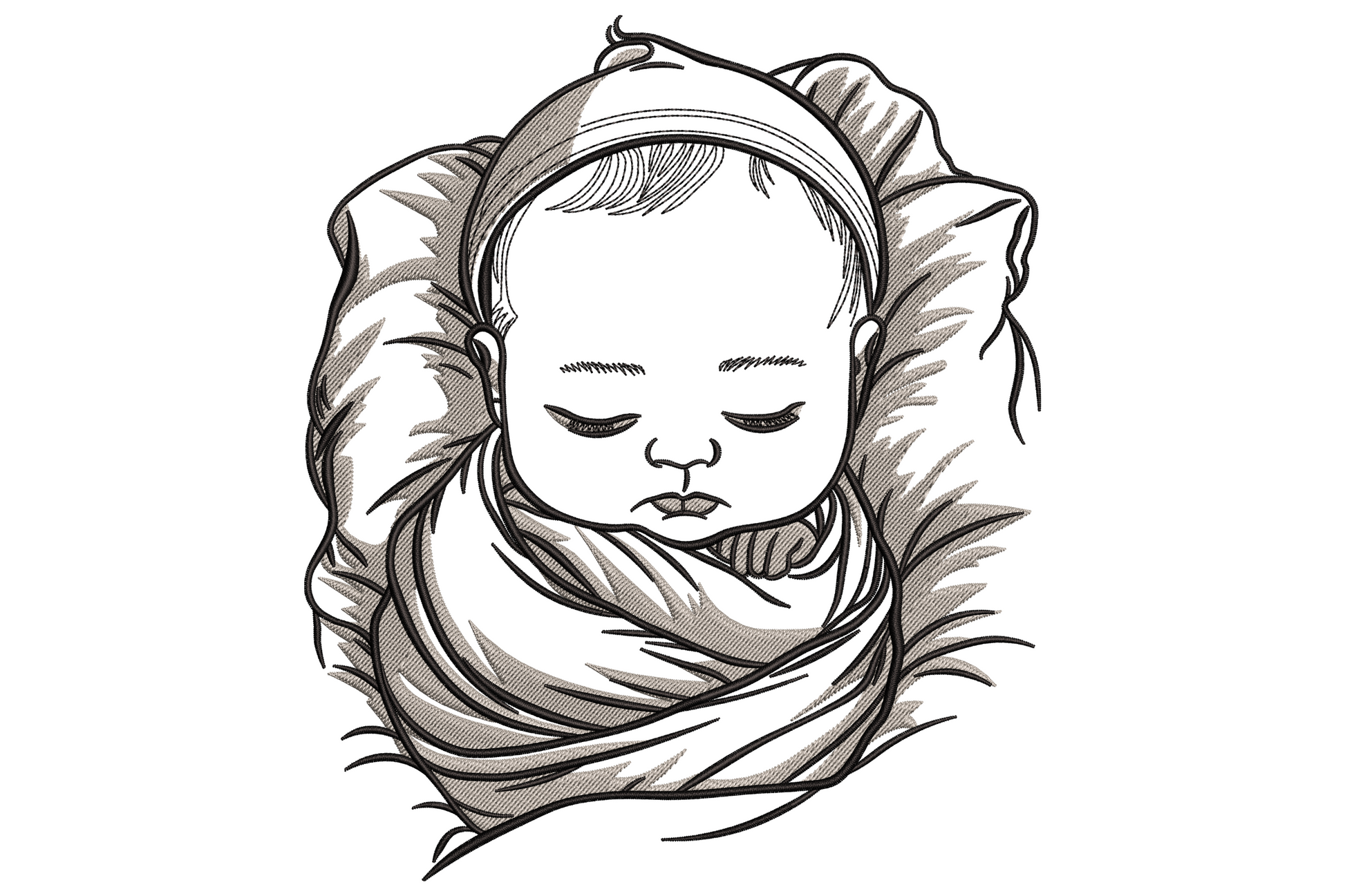 Sleeping newborn baby embroidery design in soft sketch line art with charcoal outline and grey hatch shading, curled with hands tucked.