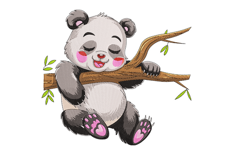 Sleeping panda embroidery design with round white body, black eye patches and limbs, blush pink ear detail, peacefully curled pose on white background.