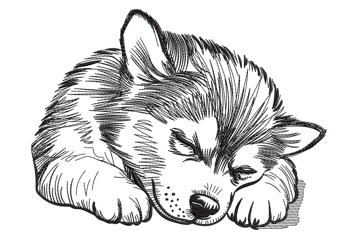 Sleeping puppy embroidery design drawn in a single black pencil-sketch outline curled up nose-to-tail with no fill.