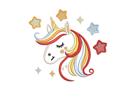 Sleeping rainbow unicorn embroidery design, curled body with 7-colour mane and tail, soft cartoon nursery illustration.
