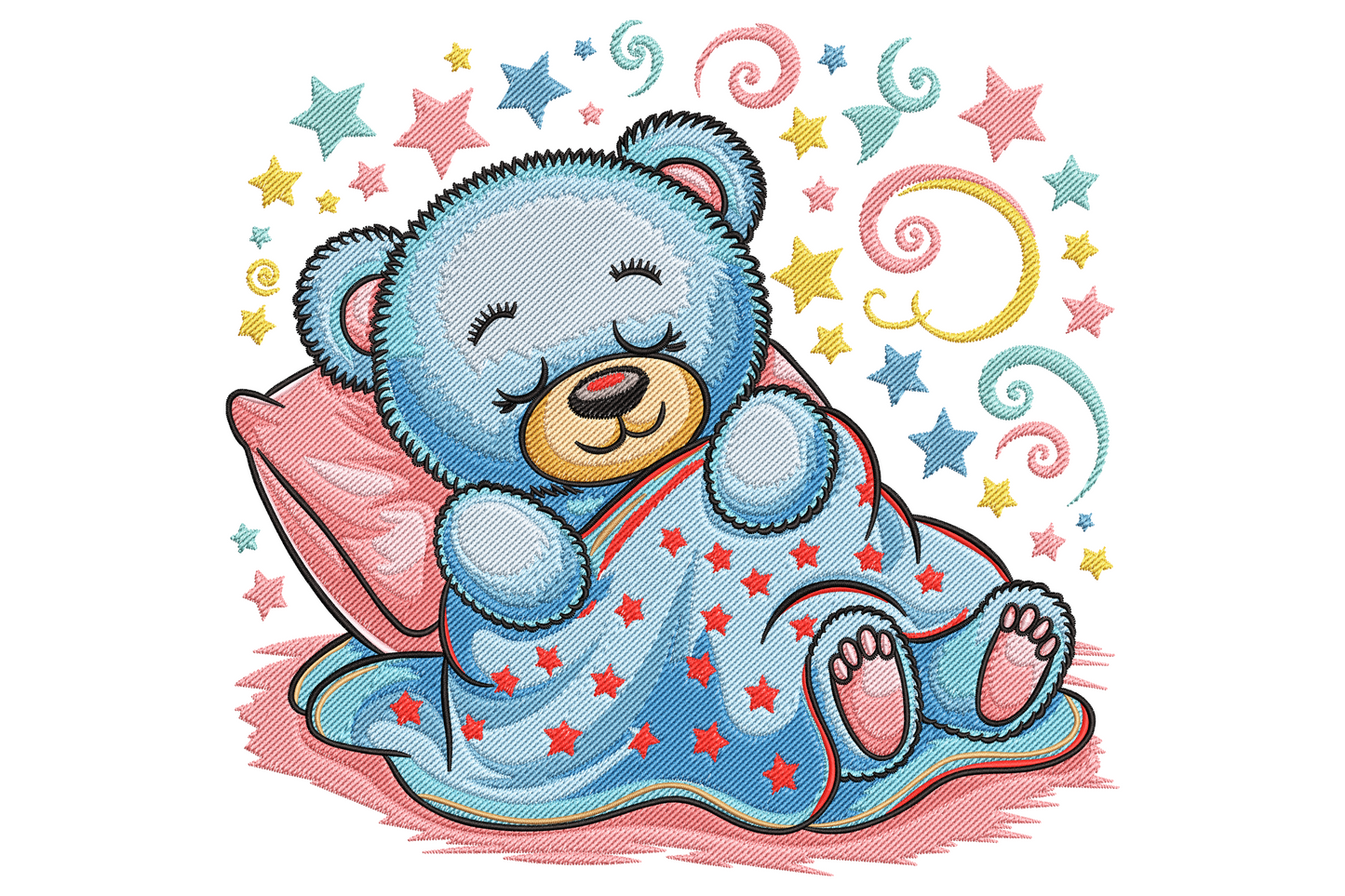Sleeping teddy bear machine embroidery design, chocolate brown bear with sky blue blanket on cream onesie fabric