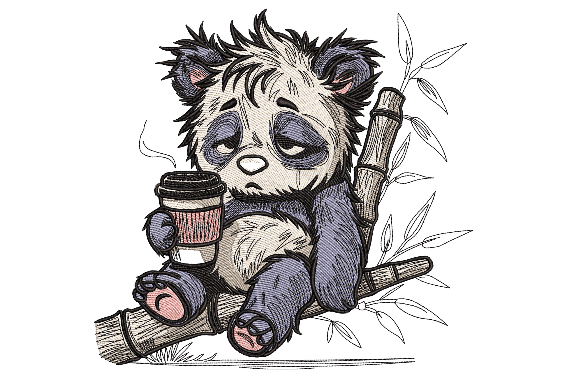 Sleepy coffee panda embroidery design with white body, black ear patches, half-closed droopy eyes and a steaming brown mug.