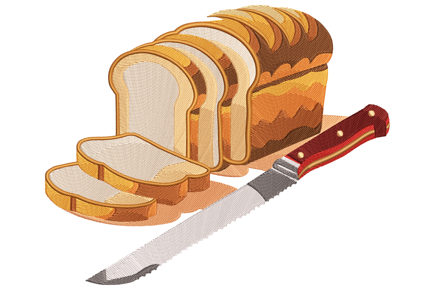 Sliced sandwich loaf with golden amber crust, pale interior, serrated knife on cutting board, realistic machine embroidery.