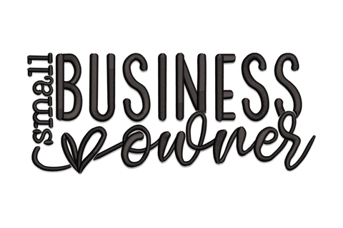 Small business owner embroidery design with mixed typography: 'small' in thin vertical script, BUSINESS in bold satin block capitals, and 'owner' in flowing cursive with a small heart, all in black.