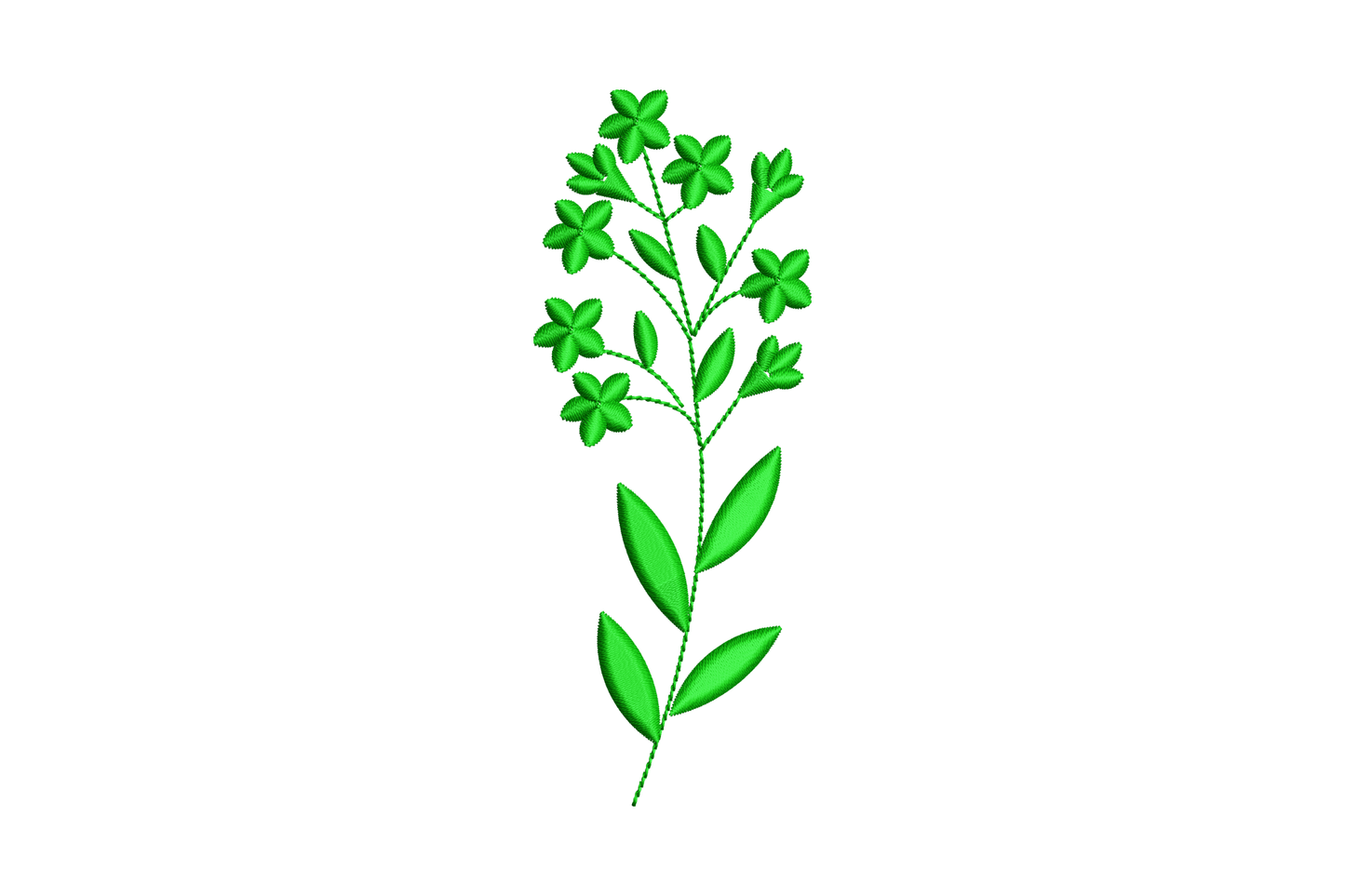 Five-petal blossom cluster on a leafy stem embroidery, monochrome dark green with broad paired leaves below the flowers
