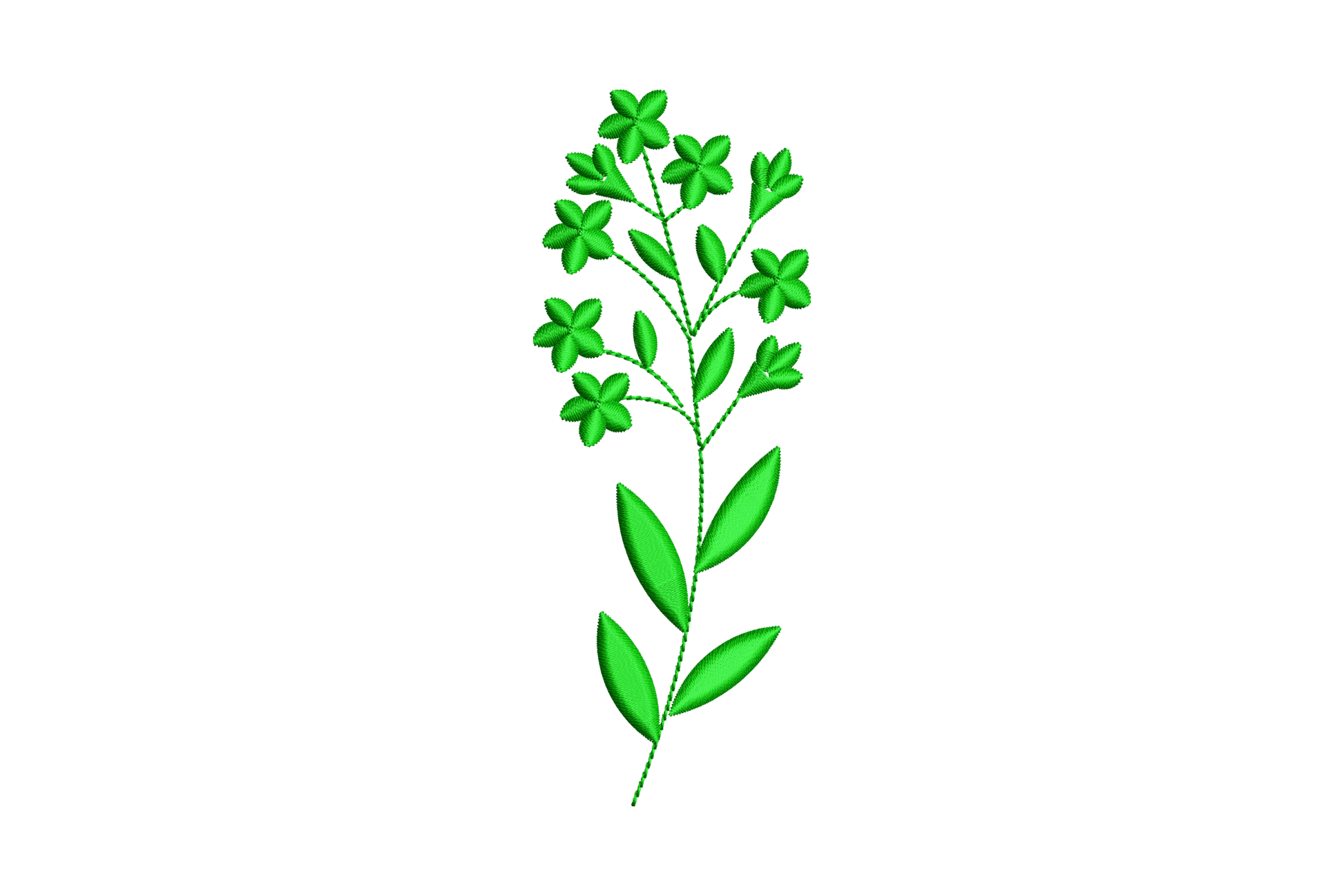Five-petal blossom cluster on a leafy stem embroidery, monochrome dark green with broad paired leaves below the flowers