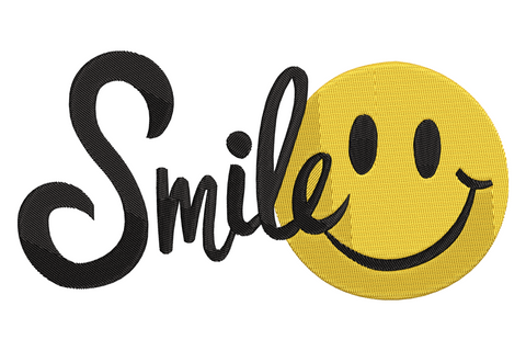 Smile emoji embroidery design with bold black cursive script next to a classic yellow smiley face circle with black eyes and smile