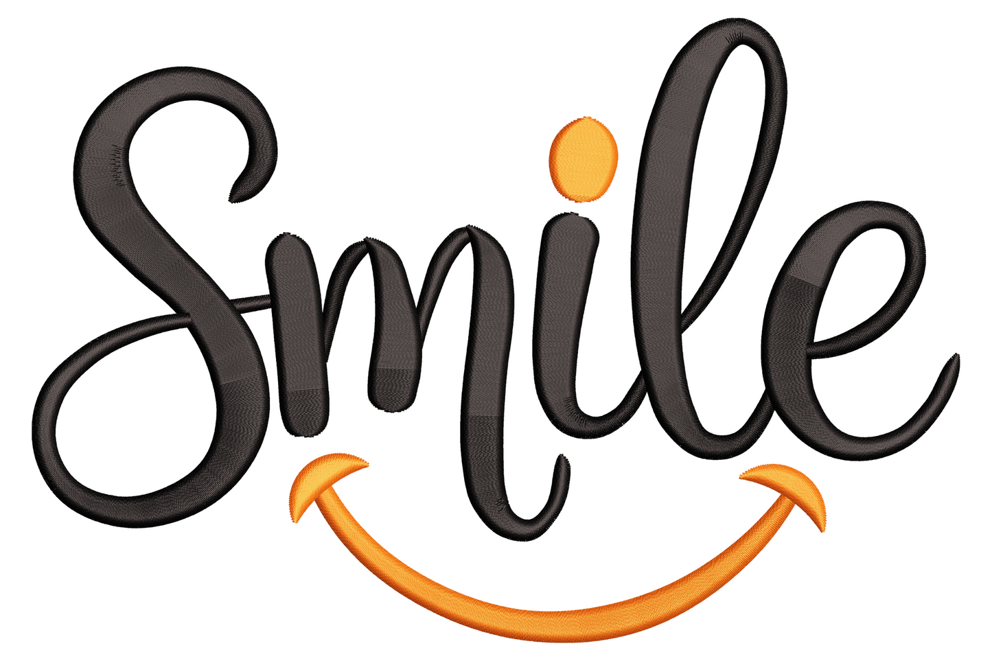 Smile lettering embroidery design with casual hand-lettered flowing script, single colour, 9 sizes, clean and minimal.