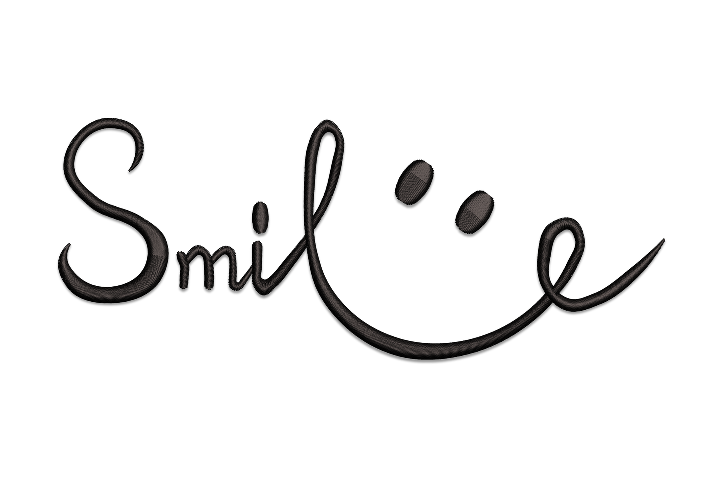 Smile embroidery in black cursive script, letter tail curves into a smiley face, two dot eyes above, minimal single colour design.
