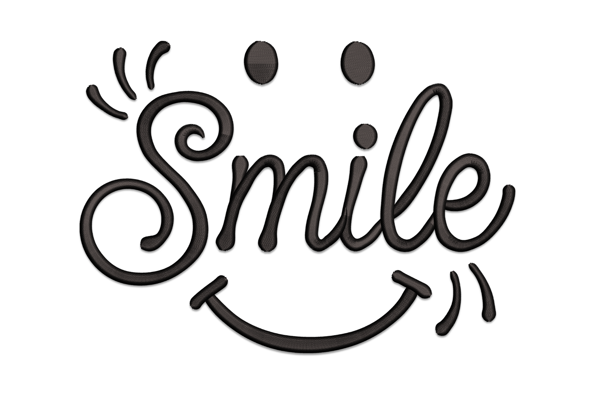 Smile cursive script embroidery design with a tiny smiley face as the dot on the letter i, single colour, flowing hand-lettered style